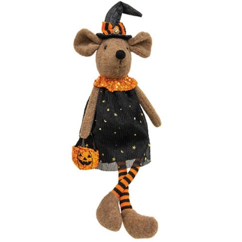 20 Inch Plush Trick or Treat Mouse Decoration with Dangling Legs and Halloween Outfit - 20" H x 7.5" W