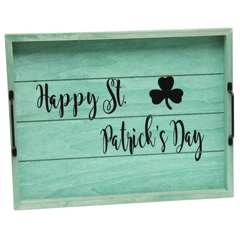 HomeRoots 16" Green And Black Happy St. Patricks Day Serving Tray With Handles - 15.50 in. x 2.25 in. x 12.00 in.