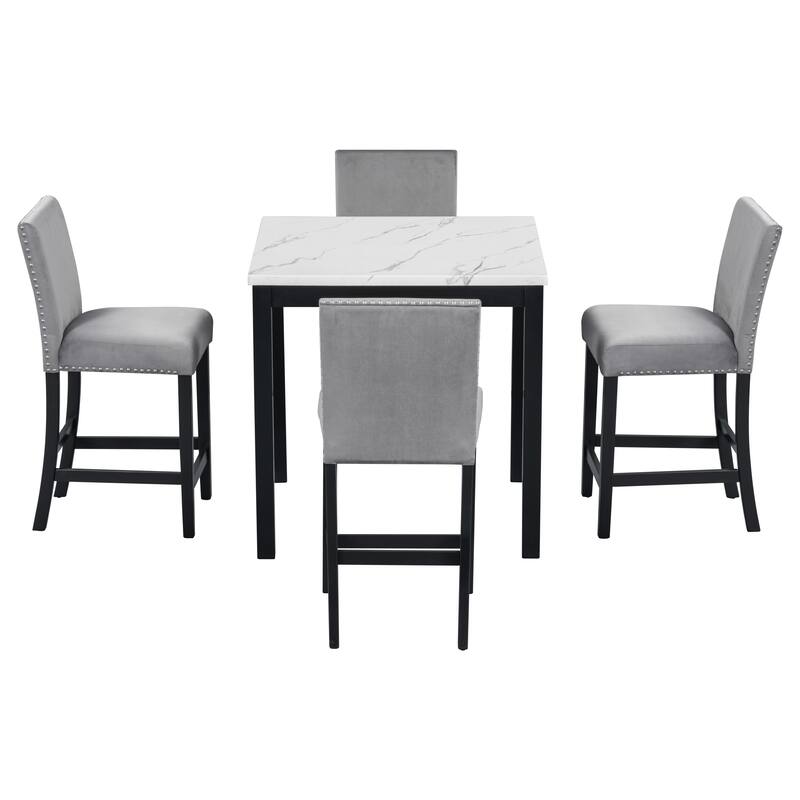 5-Piece Counter Height Dining Table Set, Faux Marble Top Square Table with 4 Velvet Chairs, Kitchen Dining Table Set for 4
