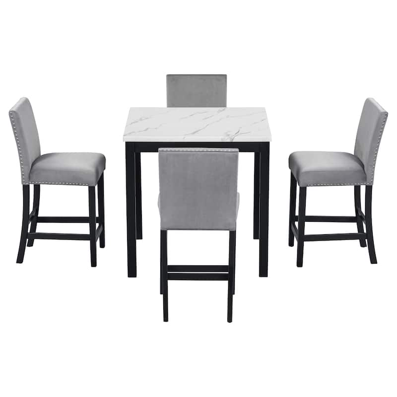 GDFStudio - Vornell Modern 5-Piece Counter Height Dining Table Set with Faux Marble Top & 4 Velvet Upholstered Chairs