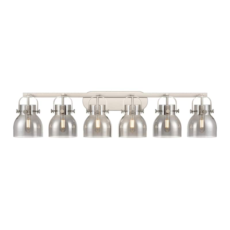 Innovations Lighting 423-6W-10-46 Pilaster II Bell Vanity Pilaster II - Satin Nickel / Plated Smoke