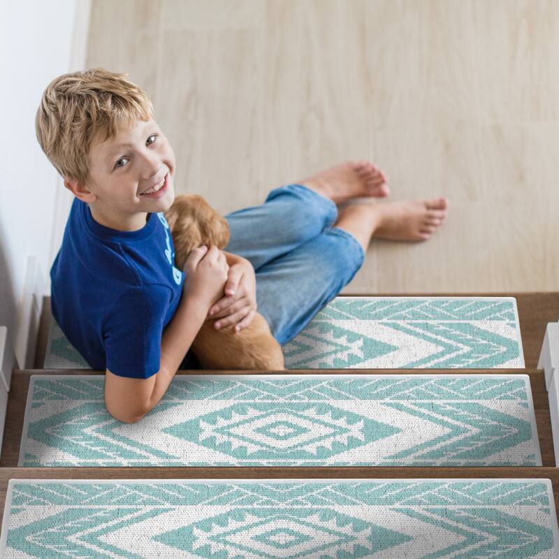 SussexHome Memorial Design 9" X 28" Stair Treads - 70% Cotton Anti-Slip Carpet Strips for Stairs-with Double Adhesive Tape - 13 PACK - Light Teal