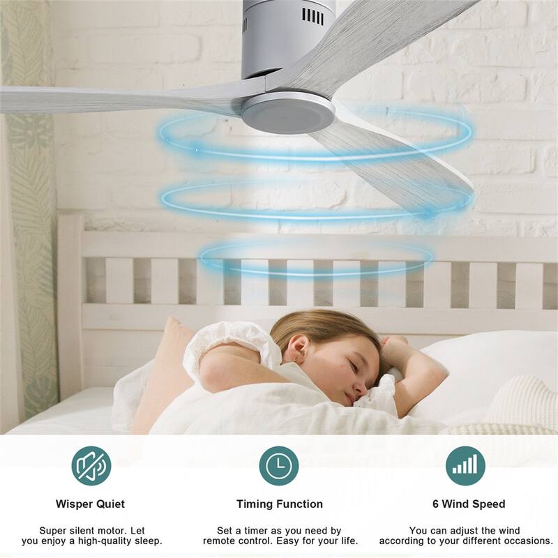 52" Flush Mount Ceiling Fan without Light,Reversible DC Motor,Wood Blades,Silver and Grey - 52