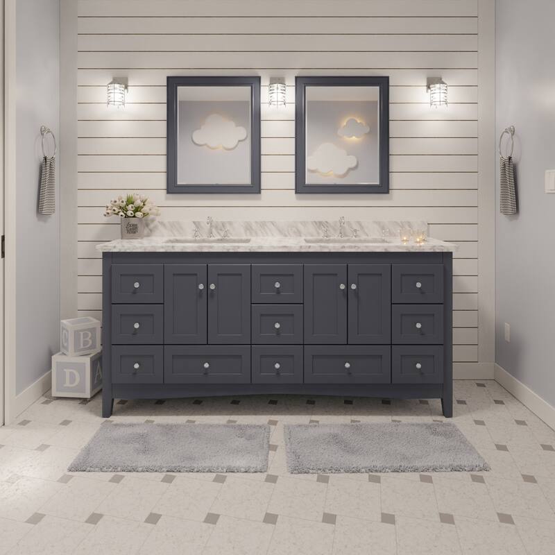 KitchenBathCollection Abbey 72" Double Bathroom Vanity with Carrara Marble Top - Marine Gray
