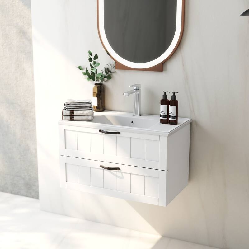 GDFStudio - 31.5" Modern Style Bathroom Cabinet, Double Drawer with Decor Line, Wall-Mounted Vanity