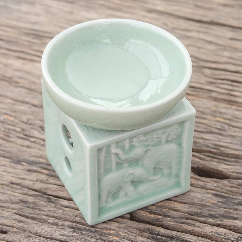 Novica Handmade Elephant Jungle Celadon Ceramic Oil Warmer