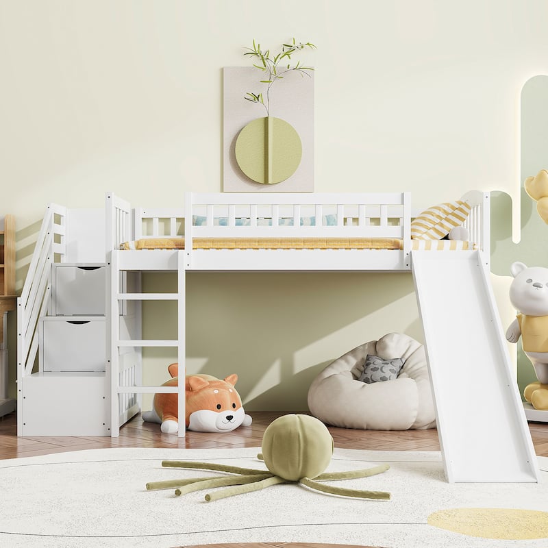 All-in-one Loft Bed Built-in Ladder Wood Frame Loft Bed with Slide, 2 Drawers, Storage Stairs & Underbed Activity Space for Kids