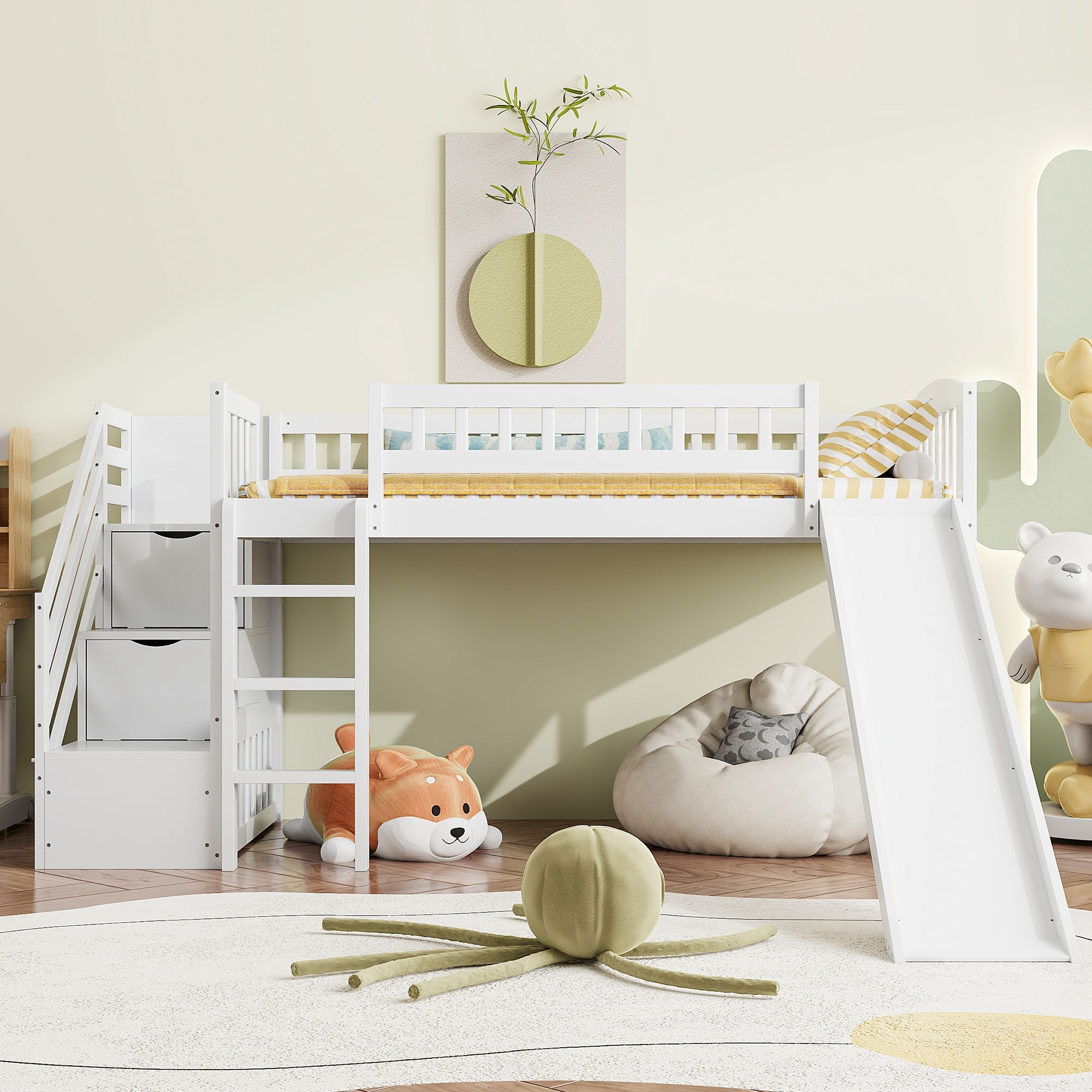 Stairway Twin Size Loft Bed with Two Drawers and Slide