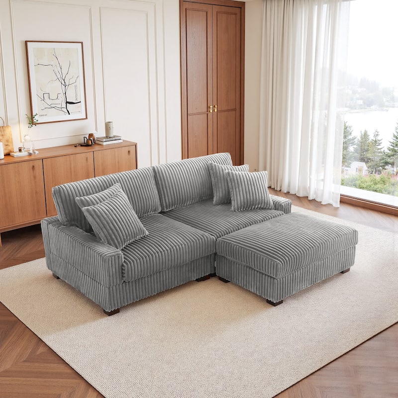 Mia 78" W Plush Corduroy Modular Sectional Sofa With Ottoman - 78" W