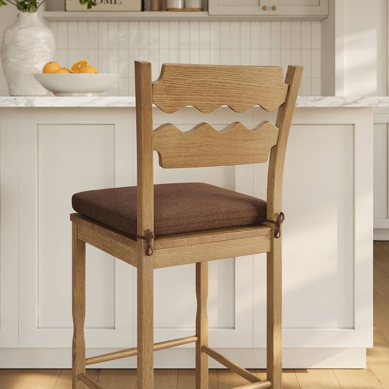 Jax Oak Wood Bar Stool With Wavy Razor Back and Cushion