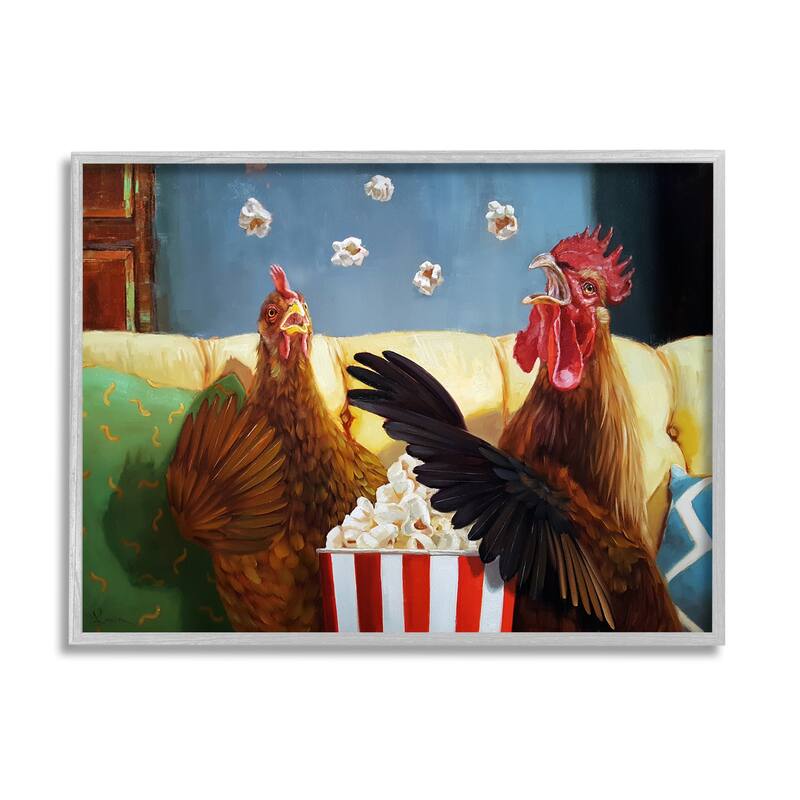 Stupell Rooster Chicken Tossing Catching Popcorn Movie Night Framed Wall Art - Multi-Color - 30 x 24 - Grey