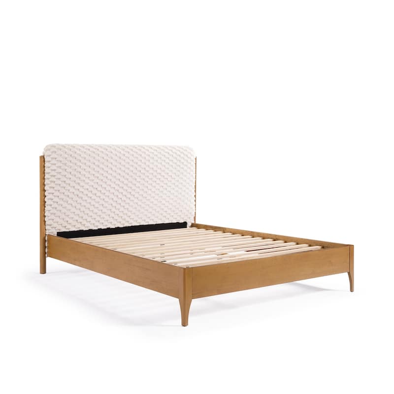Quilted Upholstered Headboard with Rubberwood Frame Platform Bed, Queen