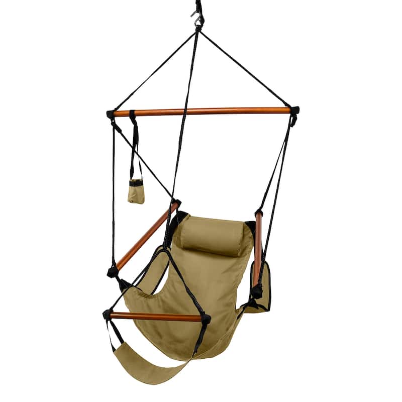 Deluxe Hanging Wood Zero-gravity Hammock Chair with Cup Holder - Natural Tan