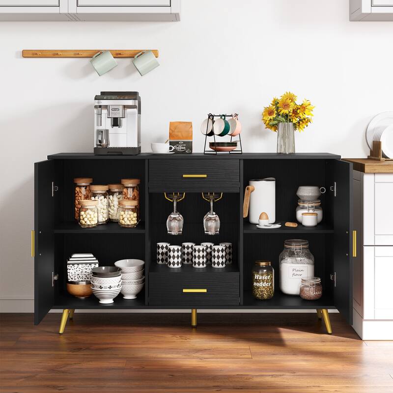 Modern Wood Buffet Cabinet Sideboard Buffet with Storage Adjustable Shelf Wine Glass Holder