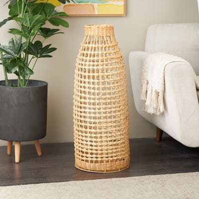 Brown Rattan Handmade Woven Vase with Open Framed Grid Design