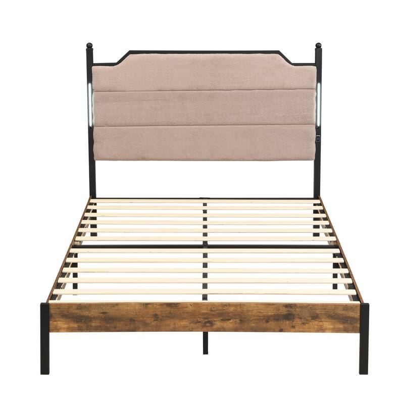 King Bed Frame, Upholstered headboard with Charging and Touch sensitive LED Lights, Under Bed Storage, No Box Spring Needed