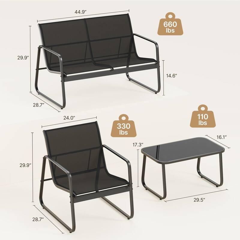 Outdoor 4 Piece Patio Conversation Set, Bistro Table and Chair Set with Chaise Lounge and 2 Single Chairs