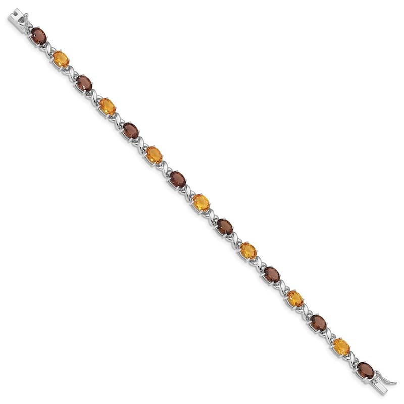Curata 925 Sterling Silver Rhodium Plated Smoky Quartz Citrine White Topaz Bracelet 7.5 Inch