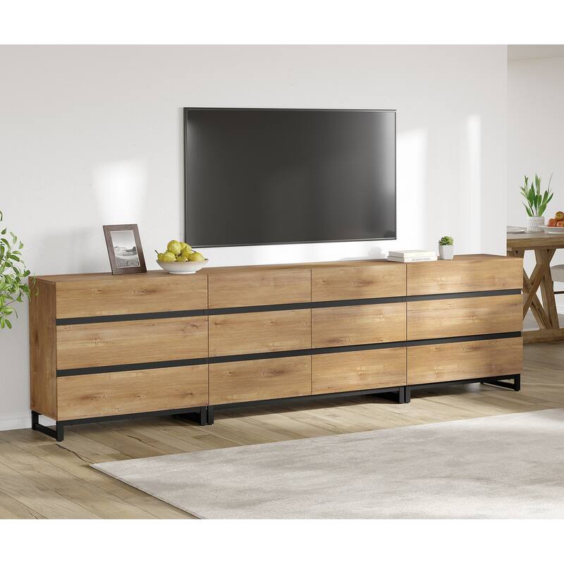 Modern TV Stand for TVs up to 120 inches, 3 in 1 TV Console with 12 Drawers, Media Console with Adjustable Shelf for Living Room - 110.2 inches - Oak
