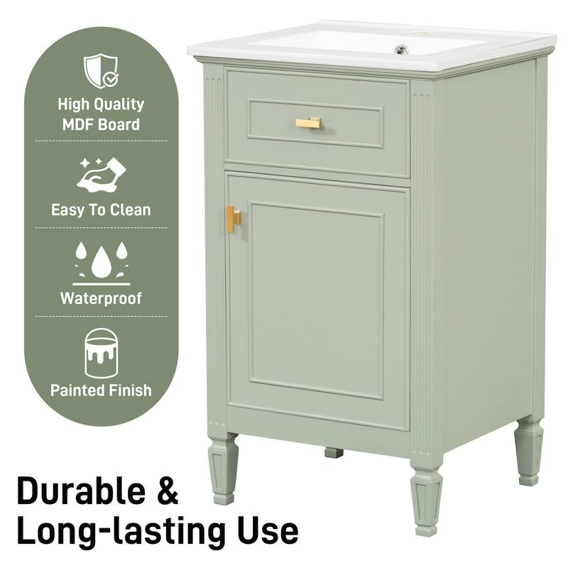 20" Bathroom Vanity with Sink, Freestanding White Cabinet with Ceramic Basin, Tilt-Out Drawer, Adjustable Shelf, Solid Wood Legs