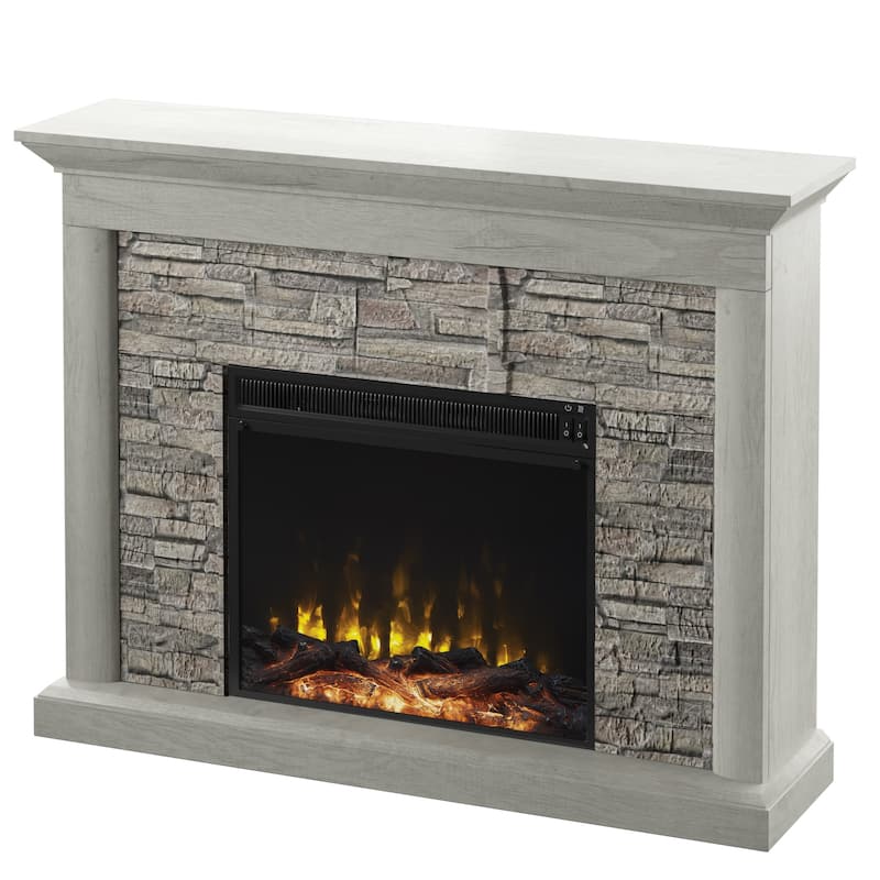 Rustic Wall Mantel Electric Fireplace with Faux Stacked Stone Surround - Fairfax Oak