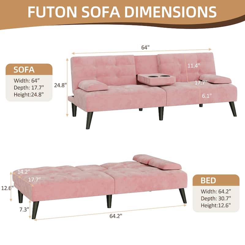 3-in-1 Convertible Sofa Bed with Folding Cup Holders & Adjustable Backrest – Modern Futon with Removable Armrests