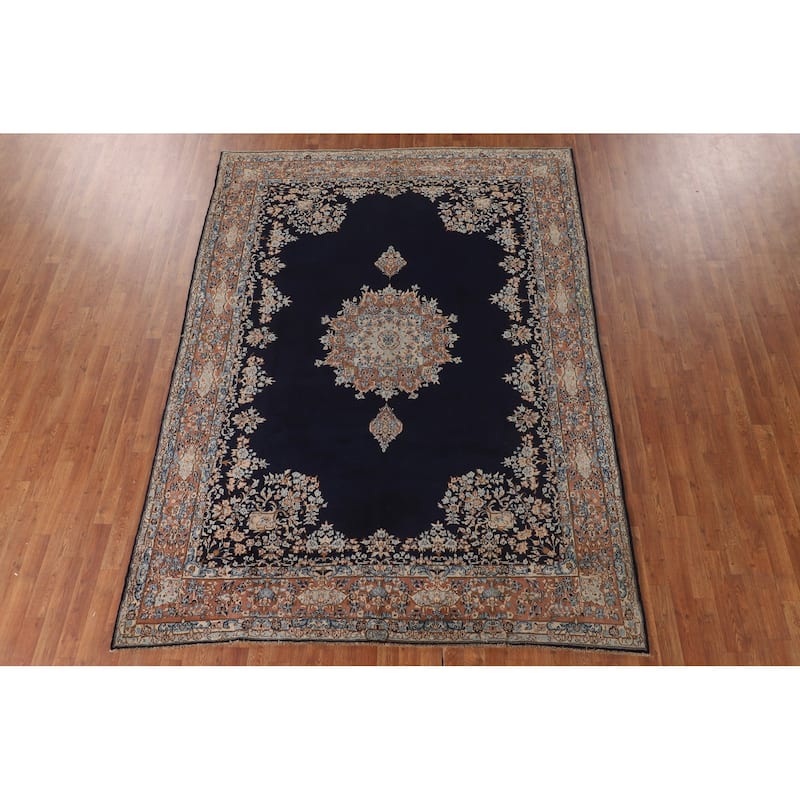 Navy Blue Floral Kerman Persian Antique Area Rug Handmade Wool Carpet - 6'11" x 9'7"