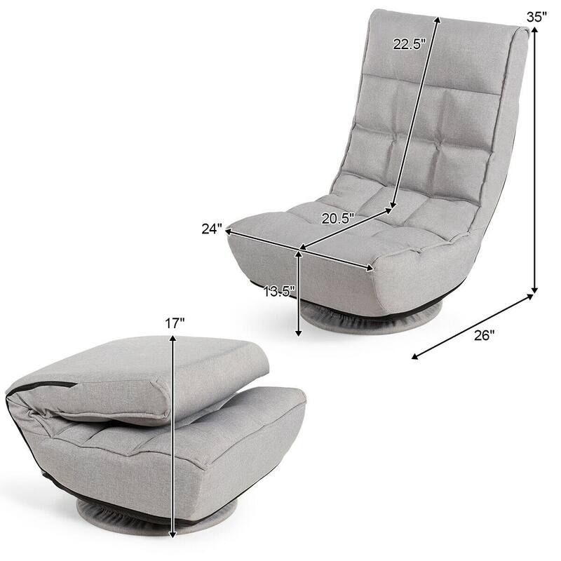 4-Position Adjustable 360 Degree Swivel Folding Floor Sofa Chair-Gray - Gray - 24"L x 26"W x 35"H