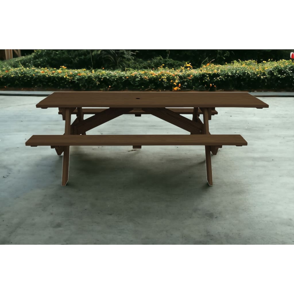 HomeRoots 94" Dark Brown Solid Wood Outdoor Picnic Table with Umbrella Hole