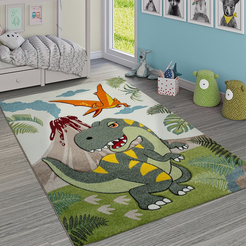 Kids Rug for Boys Jurresic World T-Rex Dinosaur Jungle in Green - 4'7" x 6'7"