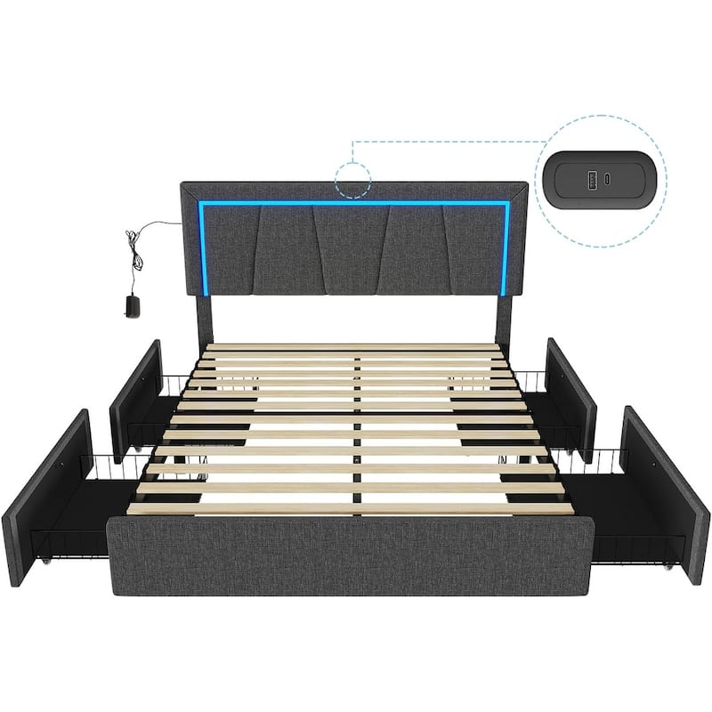 Bed Frame with 4 Storage Drawers1 USB /Type-C Charging Station