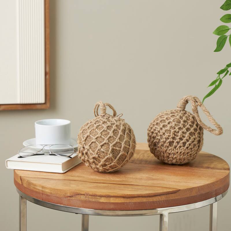 Brown Cement Stone Handmade Woven Layered Orb Knot Decorative Sculpture with Handles (Set of 2)