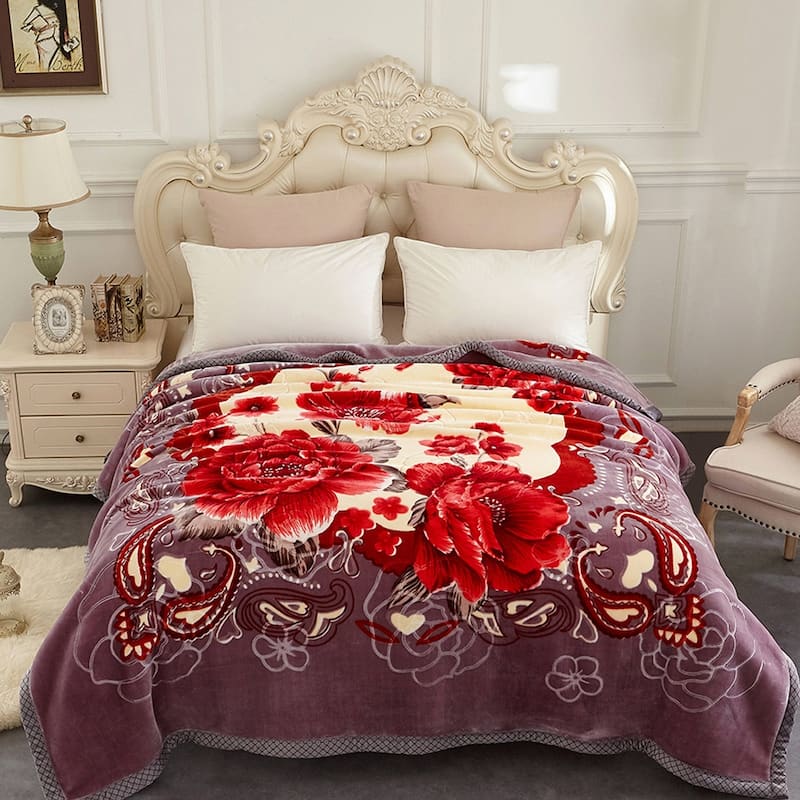 Heavy Crafted Thick Floral 9-pound Winter Fleece Blanket 85"x95" - Grey