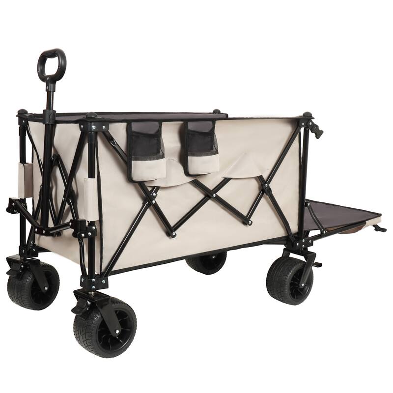Foldable Wagon with Extended Tailgate & Extra Long Design - 480lb Heavy-Duty Beach Cart, Khaki & Gray