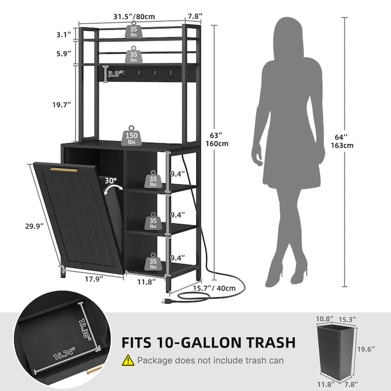 Moasis 6 Tier Kitchen Bakers Rack with Storage Shelves, Kitchen Organizer with Trash Can Bin Cabinet