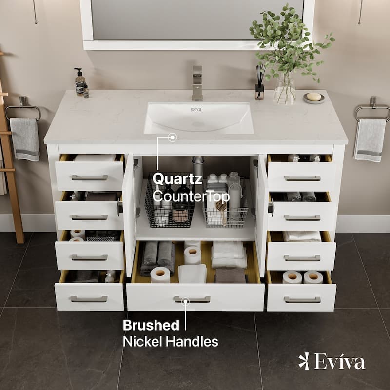 Eviva London 54"W x 21"D White Bathroom Vanity with Carrara Quartz Countertop and Undermount Porcelain Sink