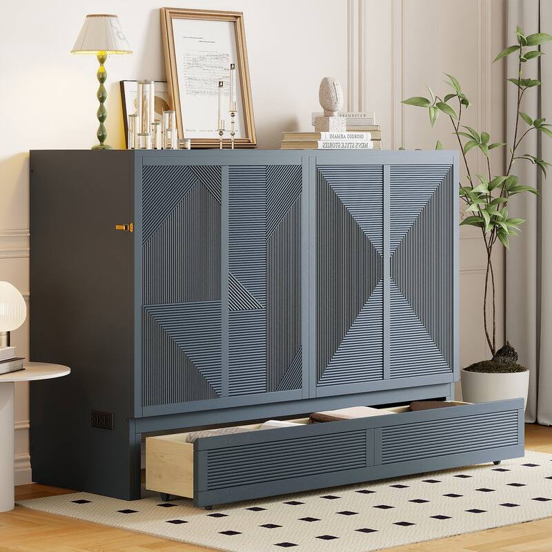 Queen Size Murphy Bed with Built-in USB Ports, Large Storage Drawer, and Sleek Cabinet Design for Modern Spaces