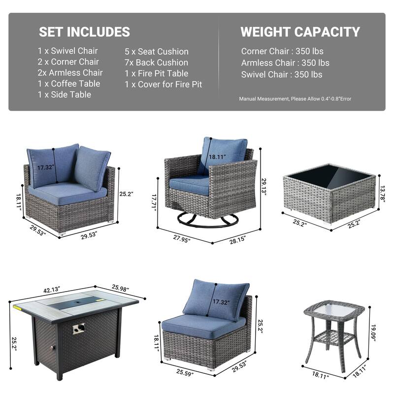 HOOOWOOO 8-piece Rattan Wicker Patio Furniture Set with Fire Pit