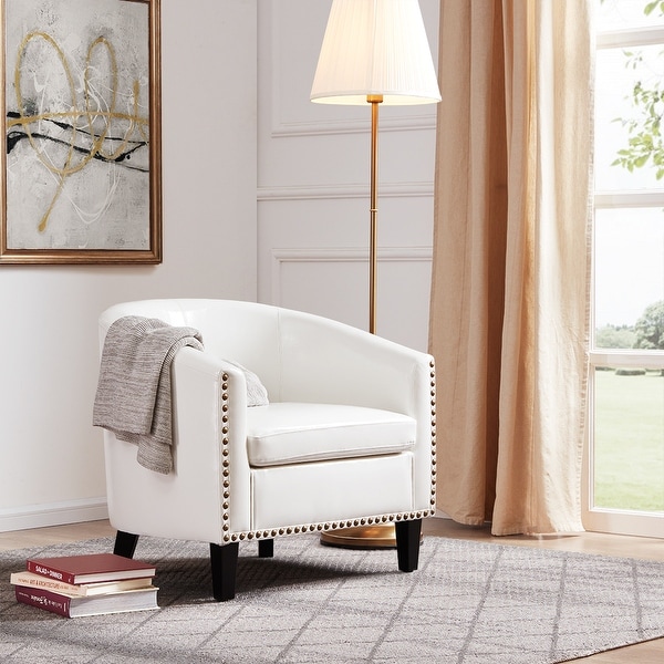 BELLEZE Modern Nailhead Trim Upholstered Tub Barrel Accent Chair Faux Leather , White