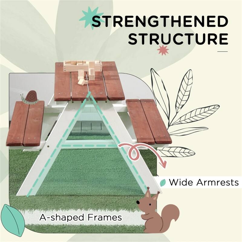 Kids Picnic Table and Bench Set Fir Wood Pecan White Toddler Play Activity Table for 3-8 Years - 35" L x 31" W x 19.75" H