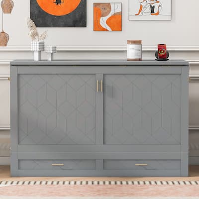 Queen Size Murphy Bed with Pulley System, Storage Drawer, USB Ports, and Sockets, Space-Saving