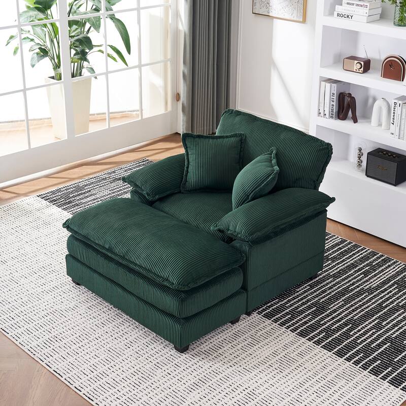 56.3 Inch Corduroy Single Deep Seat Sofa Chair With 2 Toss Pillows and a Ottoman