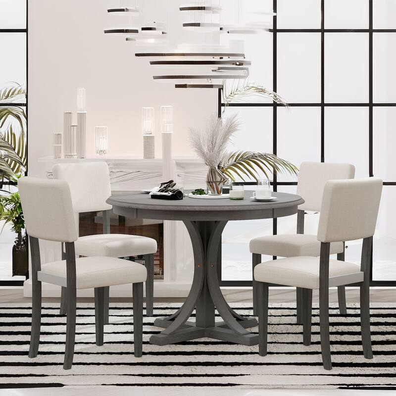 5-Piece Retro Round Dining Table Set - Grey
