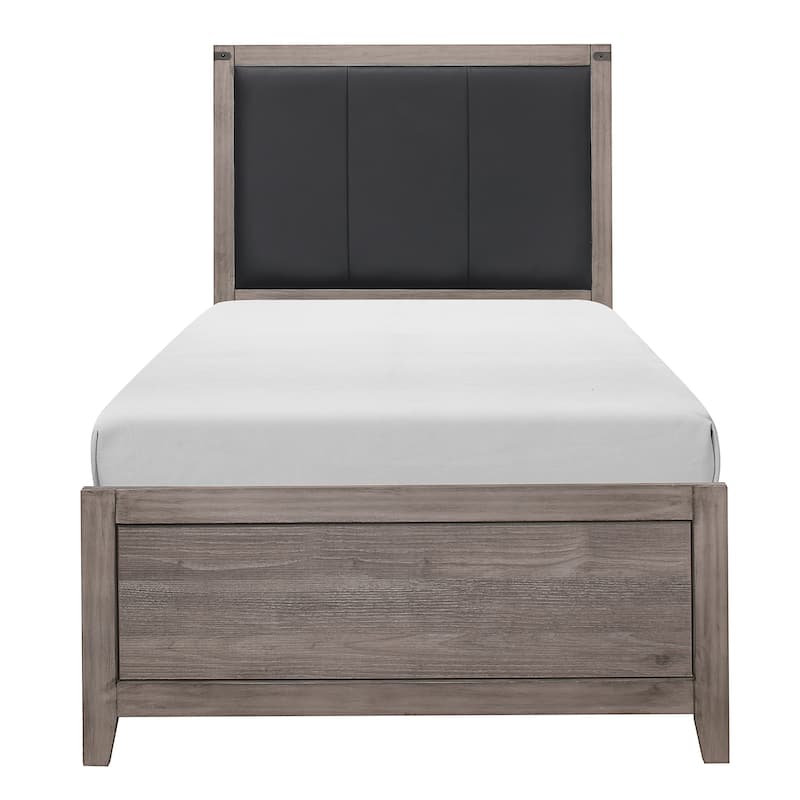 Industrial Design Brown and Gray Panel Bed with Faux Leather Headboard, Twin/Full Size Bedroom Furniture