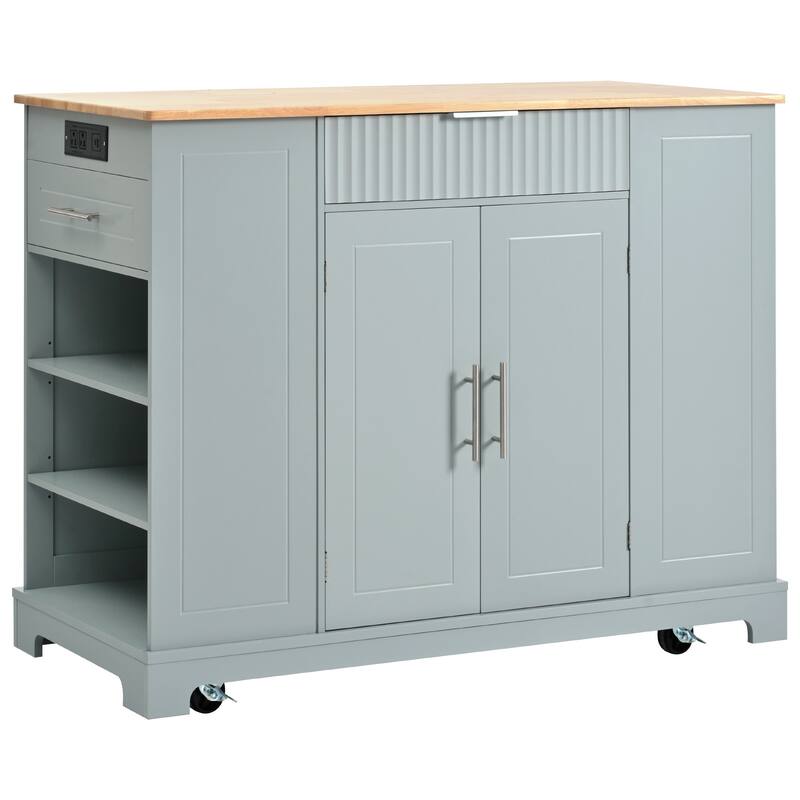 Fluted Kitchen Island with Trash Can Storage Cabinet,Power Outlet,Internal Storage Rack,3 Open Side Racks