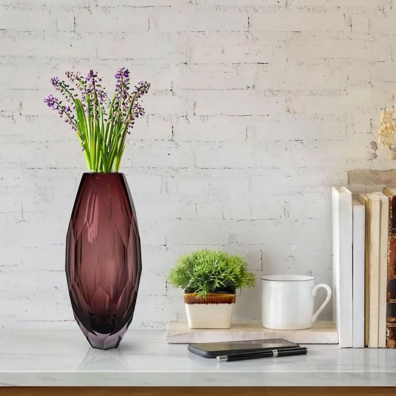 Plum Fancy Cut Glass Vase with Art Deco Inspired Geometric Design
