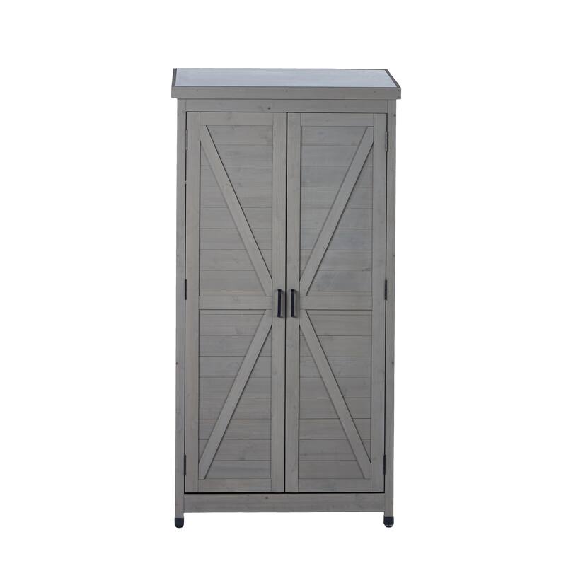 Outdoor Wooden Storage Shed with Metal Top Tall Vertical Tool Cabinet for Backyard Garden Patio Lawn