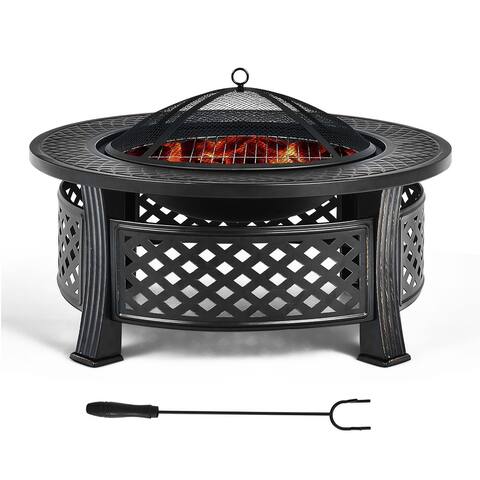 Costway 32'' Round Fire Pit Set W/ Rain Cover BBQ Grill Log Grate - See details
