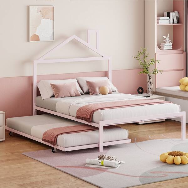 slide 2 of 18, Pink Full Size Metal Platform Bed with trundle, House-Shaped Headboard Design for Kids, Boys and Girls Full - Pink