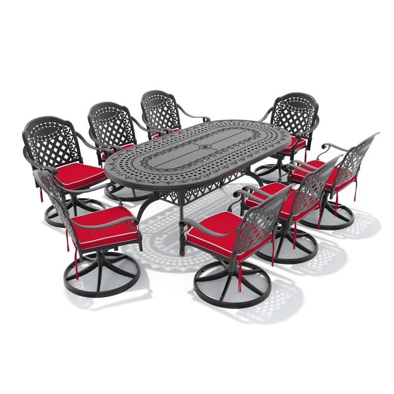 9-Piece Aluminum Oval Outdoor Patio Dining Set, 8 Cushioned Swivel Chairs, Table, All-Weather Frames